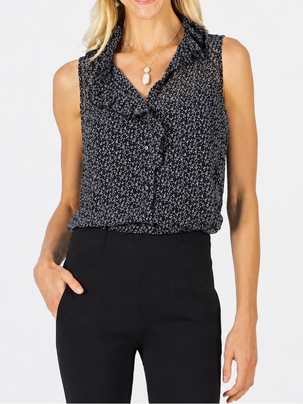 Cabi Sing-Along Blouse M Black White Musical Note Ruffle Sleeveless